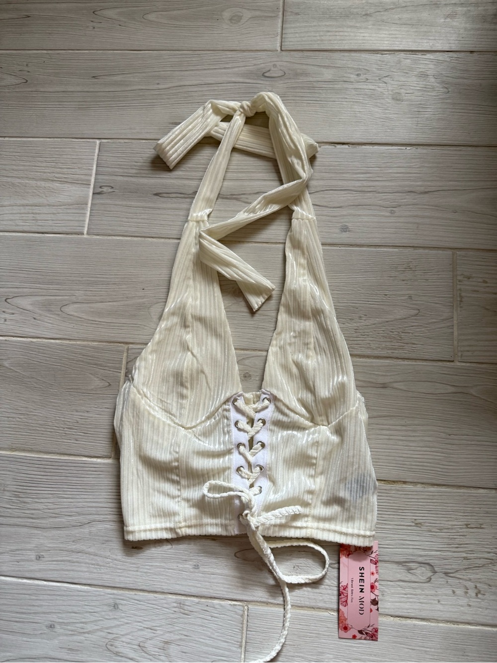 NWT Off White Ribbed Lace Up Halter